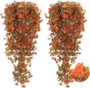 RECUTMS 2Pcs Artificial Fake Fall Hanging Flowers Plants for Outdoors Decor | Faux Fall Flowers with Eucalyptus Leaves UV Resistant Plastic Vines for Outdoor Front Porch Thanksgiving Decor(Autumn Red)