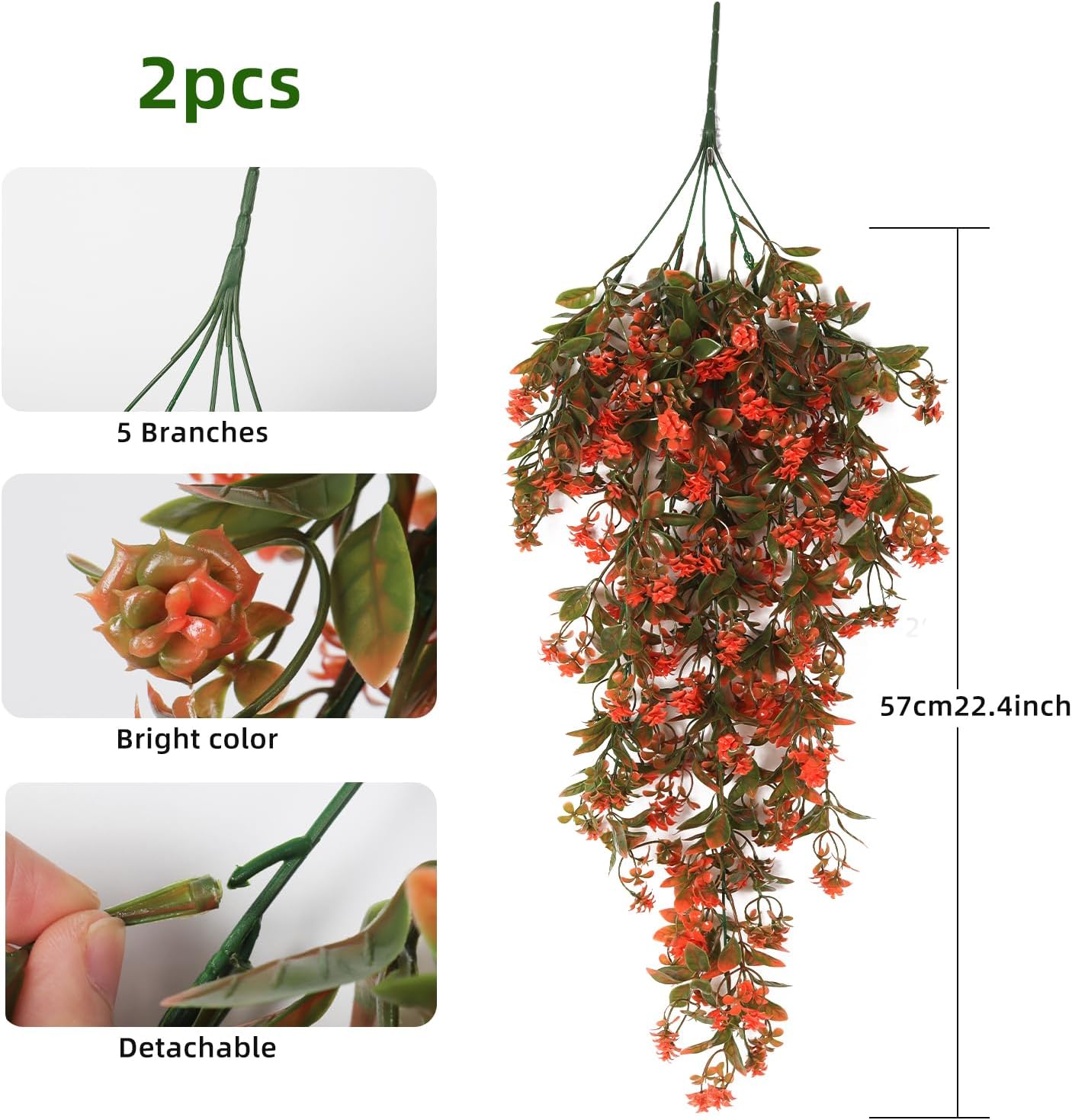 2 Faux Fall Hanging Flowers: UV Resistant Eucalyptus Vines for Outdoor Autumn Red Decor - Image 2