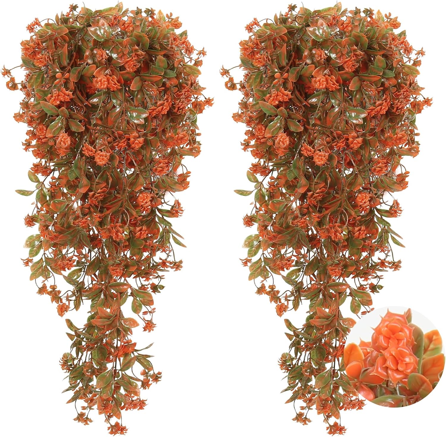 RECUTMS 2Pcs Artificial Fake Fall Hanging Flowers Plants for Outdoors Decor | Faux Fall Flowers with Eucalyptus Leaves UV Resistant Plastic Vines for Outdoor Front Porch Thanksgiving Decor(Autumn Red)