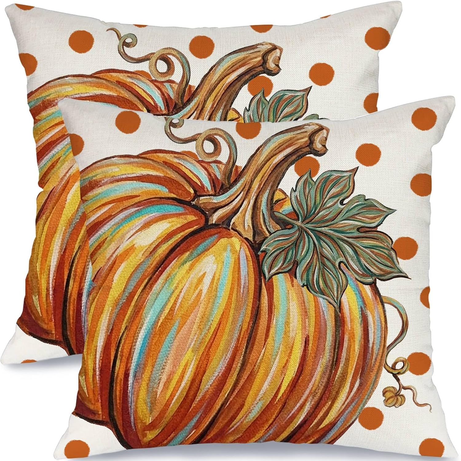 18x18 Inch Set of 2 Fall Pillow Covers, Farmhouse Pumpkin Throw Pillow Cases,Autumn Harvest Polka Dots Decorative Cushion Covers for Sofa Bedroom Living Room Thanksgiving Home Decor