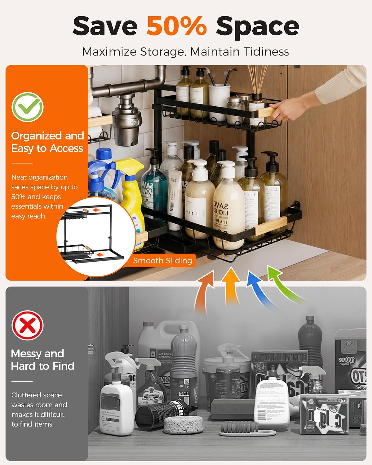2-Pack 2-Tier Adjustable Under Sink Organizer Review: Multi-purpose, Space-Saving Black Shelves. - Image 2