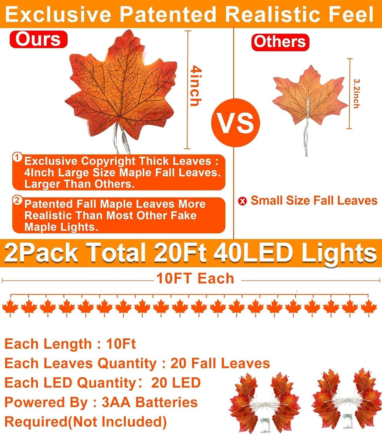 2-Pack Enlarged Maple Leaf LED Garlands, 20ft. Battery-Op Waterproof Fall Decor. - Image 2