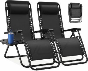 NEWBULIG Zero Gravity Chairs Set of 2, Lounge Chair Folding Portable Adjustable Camping Reclining Chairs with Adjustable Pollow, Mesh Back, Cup Holder Trays Lawn Patio Chair for Pool Beach | Portable Lawn Camping Recliner with Adjustable Pillow, Mesh Back, Cup Holder Trays for Pool Beach Patio, Black