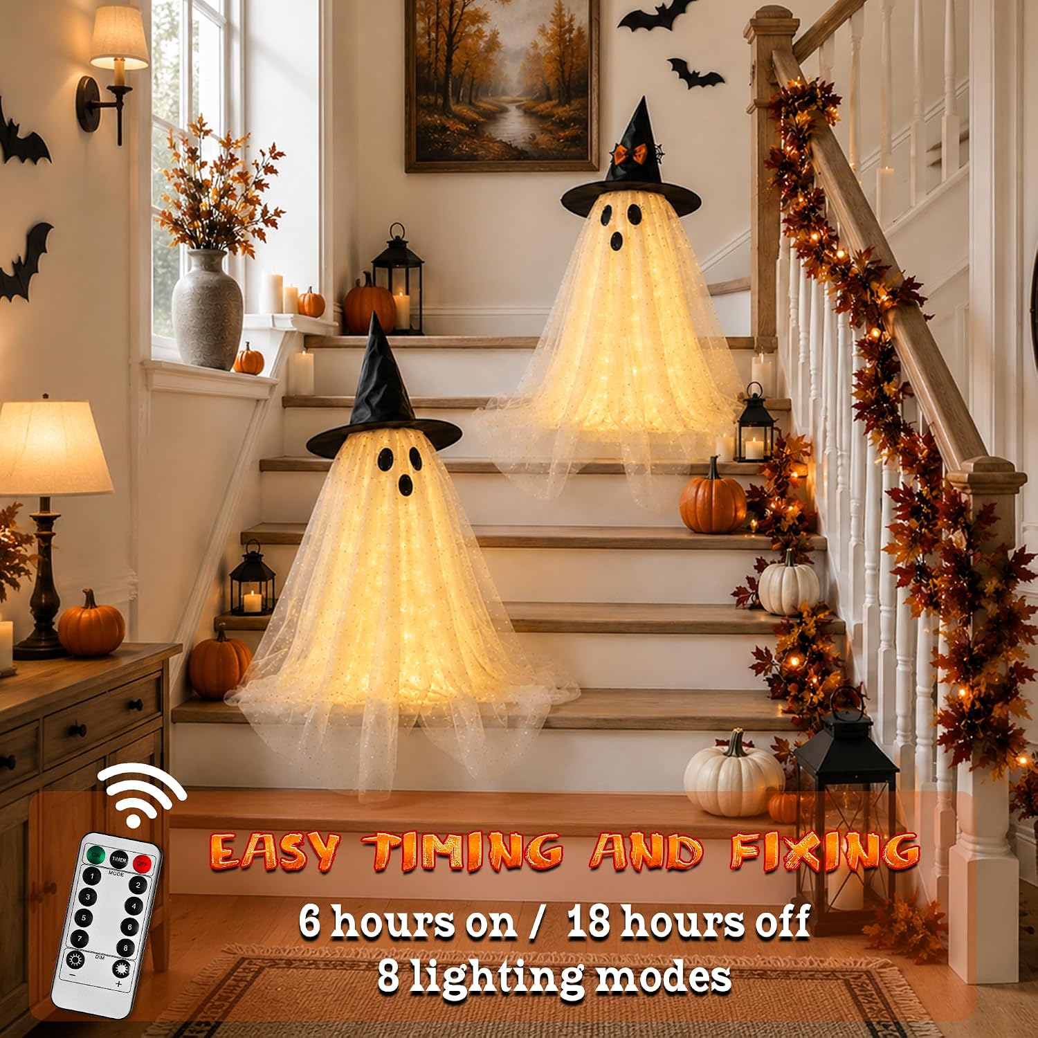 2 Spooky LED Ghost Lights with Remote for Indoor Halloween Decor - Image 2