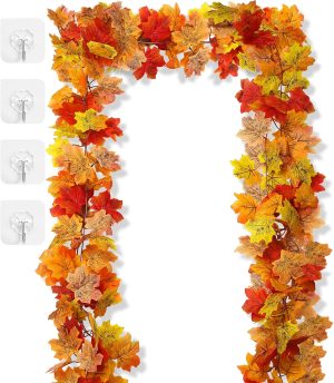 2Pcs 13FT Artificial Fall Leaves Garland for Thanksgiving Decor | Autumn Vines Maple Leaf Garlands for Mantle Fall Decoration for Home Autumn Indoor Outdoor Seasonal Home Decor