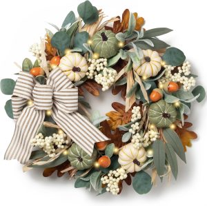 Valery Madelyn 20'' Fall Wreaths for Front Door with LED Lights | Farmhouse Autumn Wreath with White Pumpkins Bow for Home Porch Thanksgiving Harvest Table Centerpiece Decorations