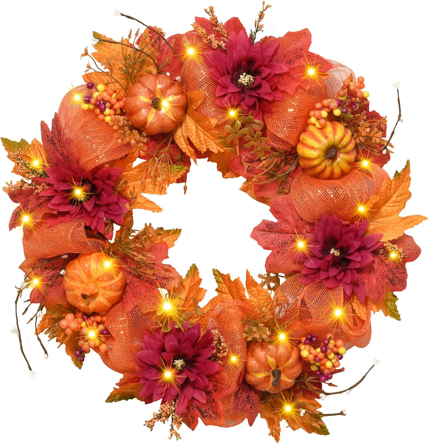 Fall Decorations for Home - 20" Fall Wreaths for Front Door | Autumn Wreath with Lights Pumpkins Dahlias Maple Leaves Berries for Porch Wall Window Thanksgiving Decorations (1 Pcs)