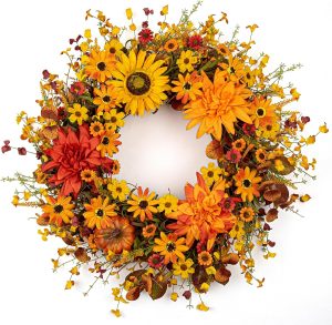 Artificial Fall Wreath 22 Inch Fall Wreaths for Front Door Autumn Flower Wreath with Sunflower Daisy Dahlia Pumpkin for Indoor Outdoor Window Wall Porch Harvest and Thanksgiving Celebration