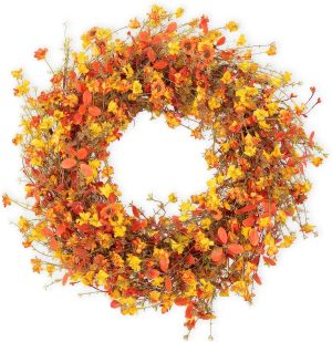 22 Inch Fall Wreaths for Front Door Fall Door Wreath Autumn Wreath | Boho farmhouse fall wreath with orange and yellow wildflowers for front doors, walls, windows, entryways and mantels decor