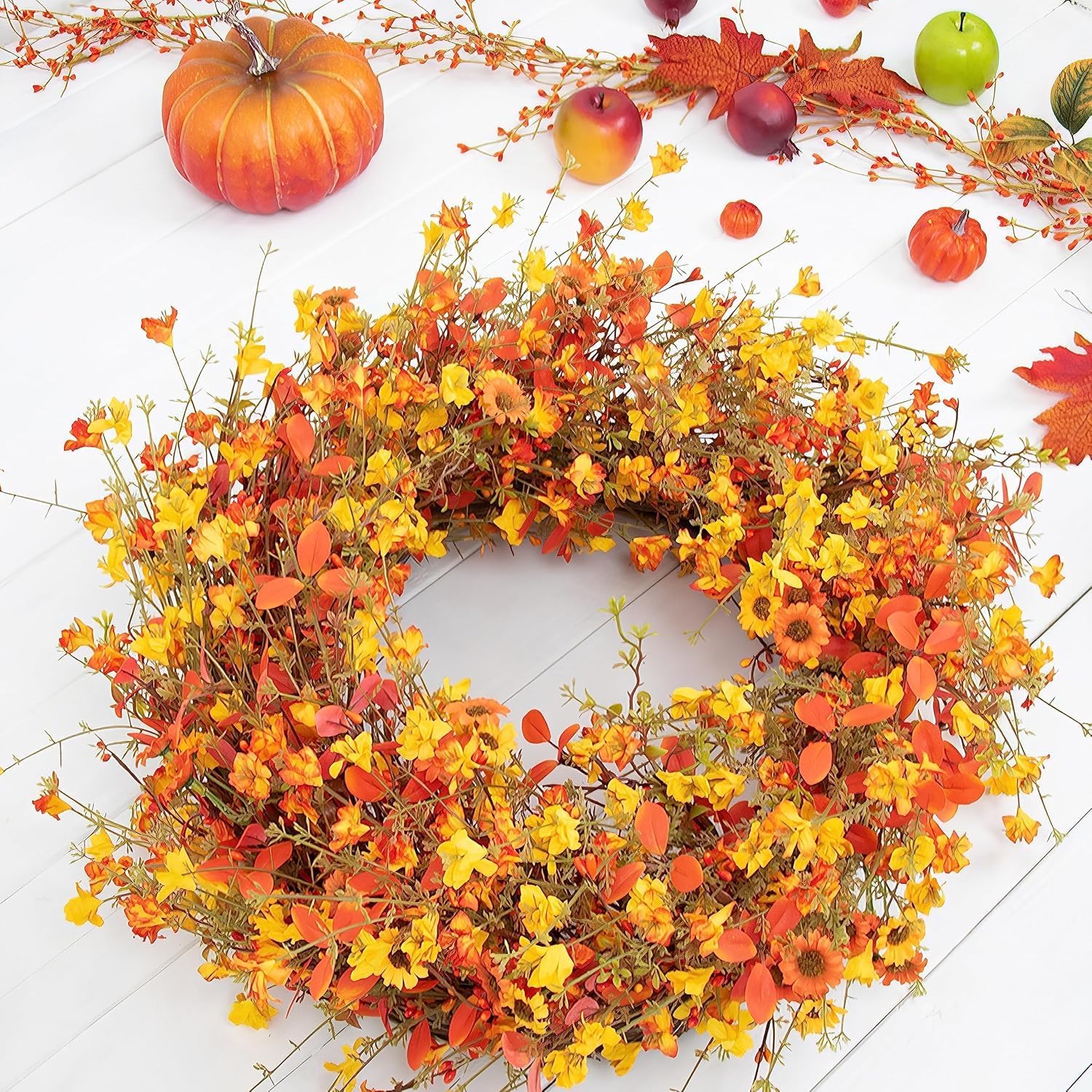 22" Boho Farmhouse Fall Wreath | Orange Yellow Wildflowers for Front Door Decor - Image 2