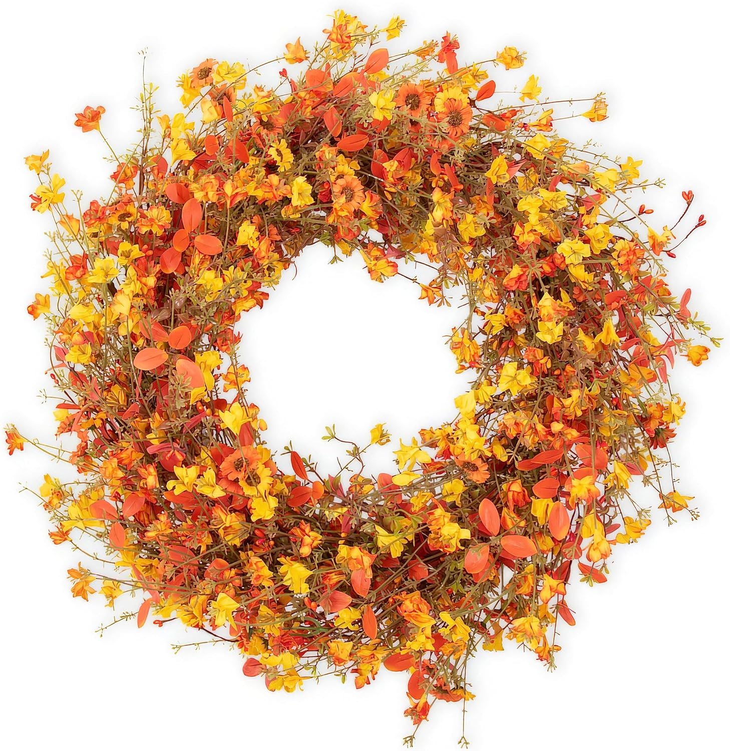 22 Inch Fall Wreaths for Front Door Fall Door Wreath Autumn Wreath | Boho farmhouse fall wreath with orange and yellow wildflowers for front doors, walls, windows, entryways and mantels decor