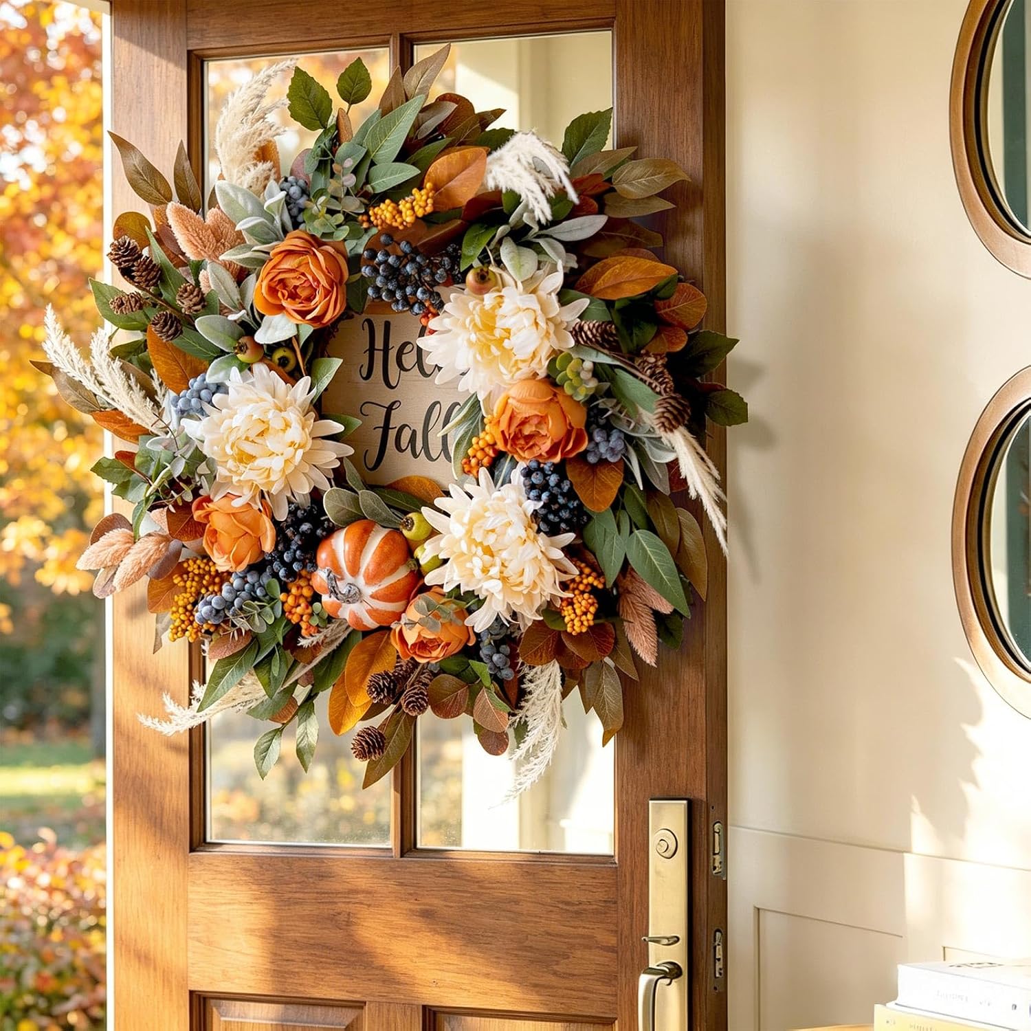24" Artificial Fall Door Wreath: Rose, Dahlia, Hello Fall Sign. Indoor/Outdoor Farmhouse. - Image 2