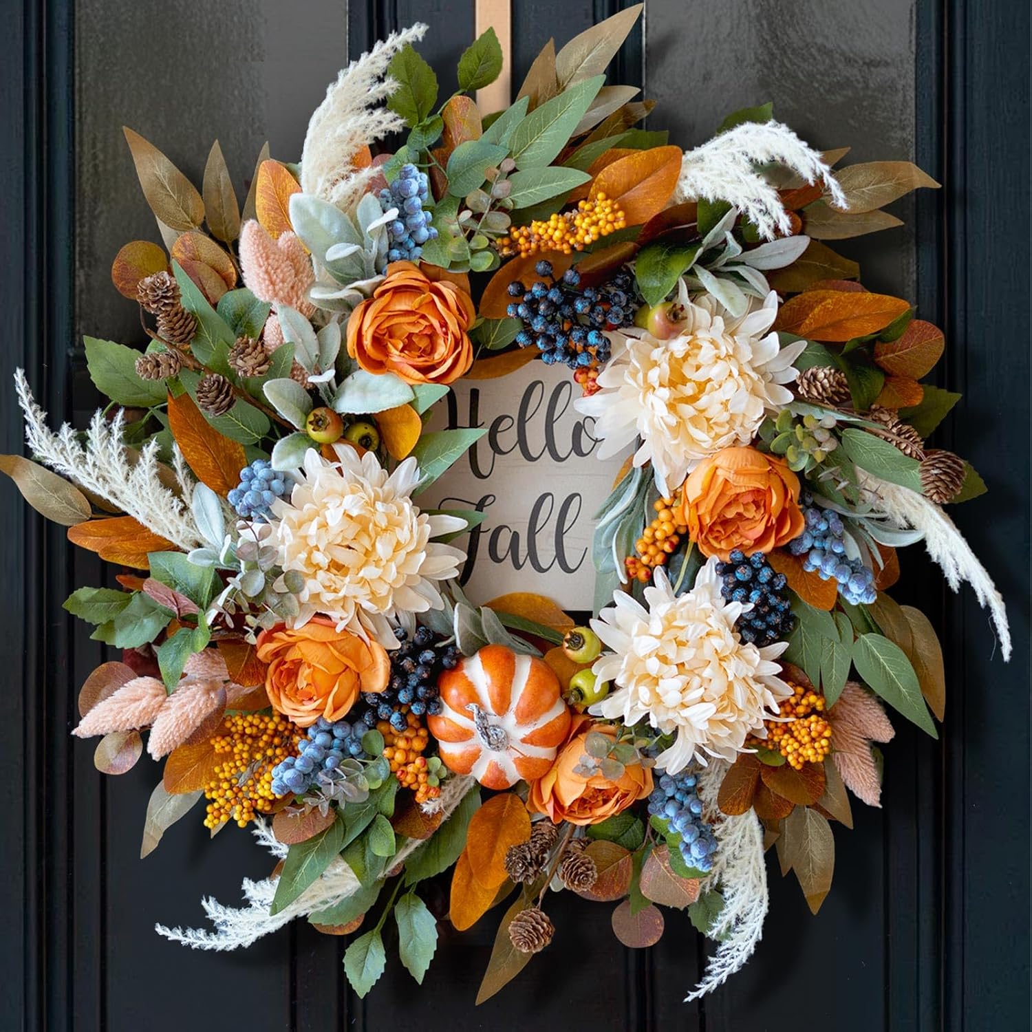 Harvest Fall Wreaths for Front Door 24 Inch Autumn Wreath with Rose&Dahlias | Artificial Fall Door Wreath with Hello Fall Sign- Indoor Outdoor Halloween & Thanksgiving Wreath for Farmhouse Home Decor