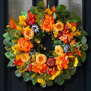 24 Inch Harvest Fall Wreaths for Front Door Outside with Orange Peony | Artificial Silk Autumn Leaf Wreaths with Realistic Dahlias,Pumpkin,Rustic Farmhouse Thanksgiving Halloween Wall Porch Decor