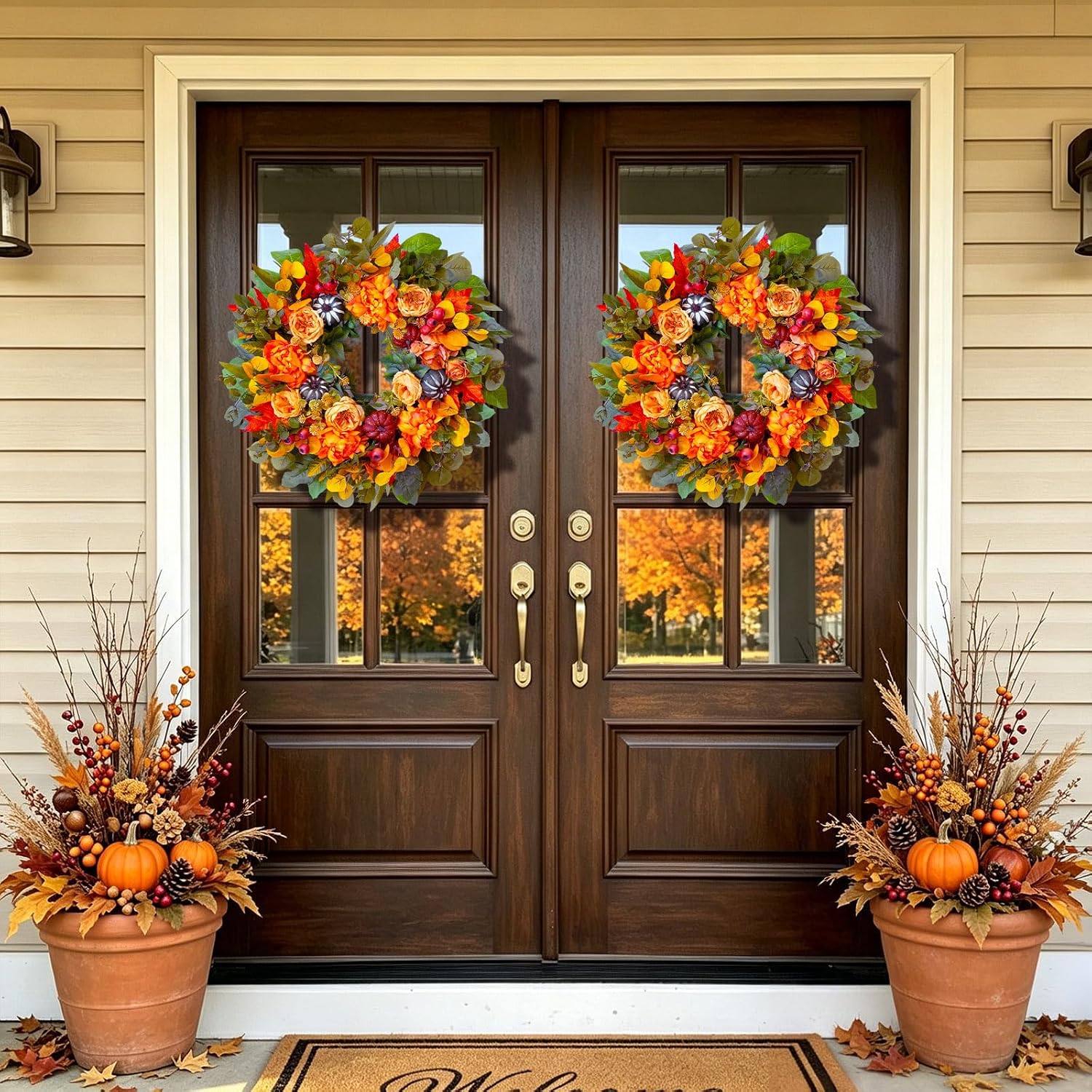 24" Artificial Fall Harvest Wreath: Peony, Pumpkin, Dahlia. Rustic Door Decor. - Image 2