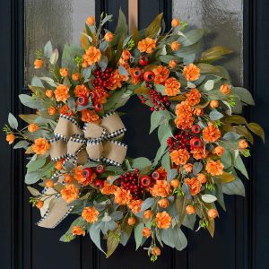 24 Inch Harvest Fall Wreaths for Front Door Outside with Bow & Red Berries | Artificial Autumn Leaf Wreaths with Lifelike Orange Camellia-Rustic Farmhouse Mantel Porch Decor for Thanksgiving Halloween