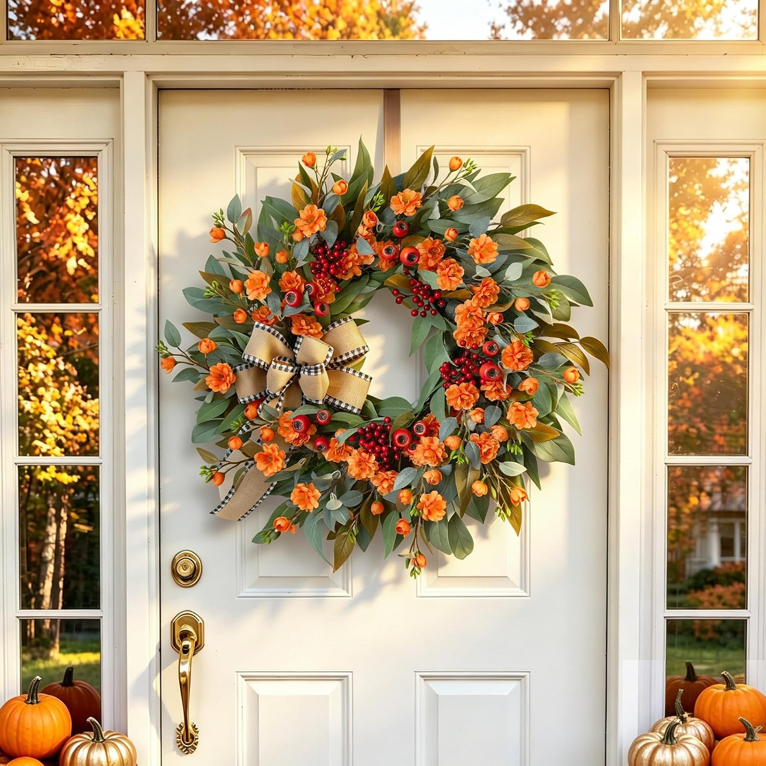 24" Artificial Fall Wreath: Bow, Berries & Camellia. Door/Mantel Decor. - Image 2