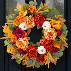 24 Inch Fall Wreaths for Front Door with Orange Peony and Burgundy Dahlias | Artificial Silk Autumn Wreath with Realistic White Pumpkin,Rustic Farmhouse Thanksgiving Halloween Decorations for Porch Wall