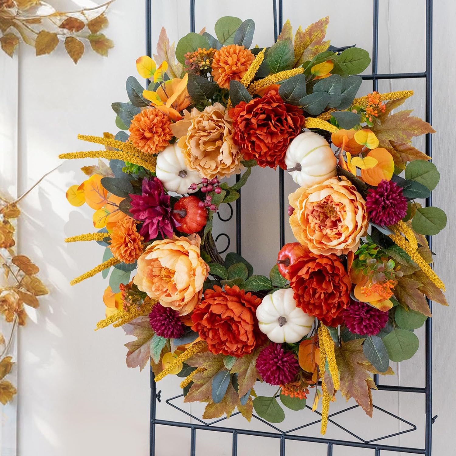 24" Artificial Fall Wreath: Orange Peony, Burgundy Dahlia, White Pumpkin. Rustic Door Decor. - Image 2