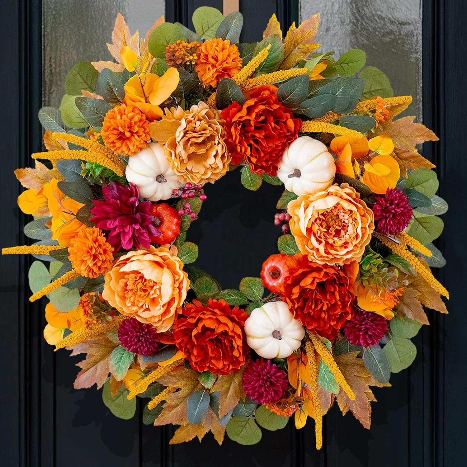 24 Inch Fall Wreaths for Front Door with Orange Peony and Burgundy Dahlias | Artificial Silk Autumn Wreath with Realistic White Pumpkin,Rustic Farmhouse Thanksgiving Halloween Decorations for Porch Wall