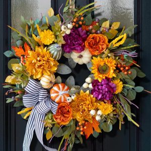 24 Inch Artificial Fall Wreaths for Front Door Outside with Striped Bow | Harvest Autumn Wreath with Dahlias,Peony,Sunflowers,Pumpkins- Rustic Farmhouse Thanksgiving & Halloween seasona porch decor