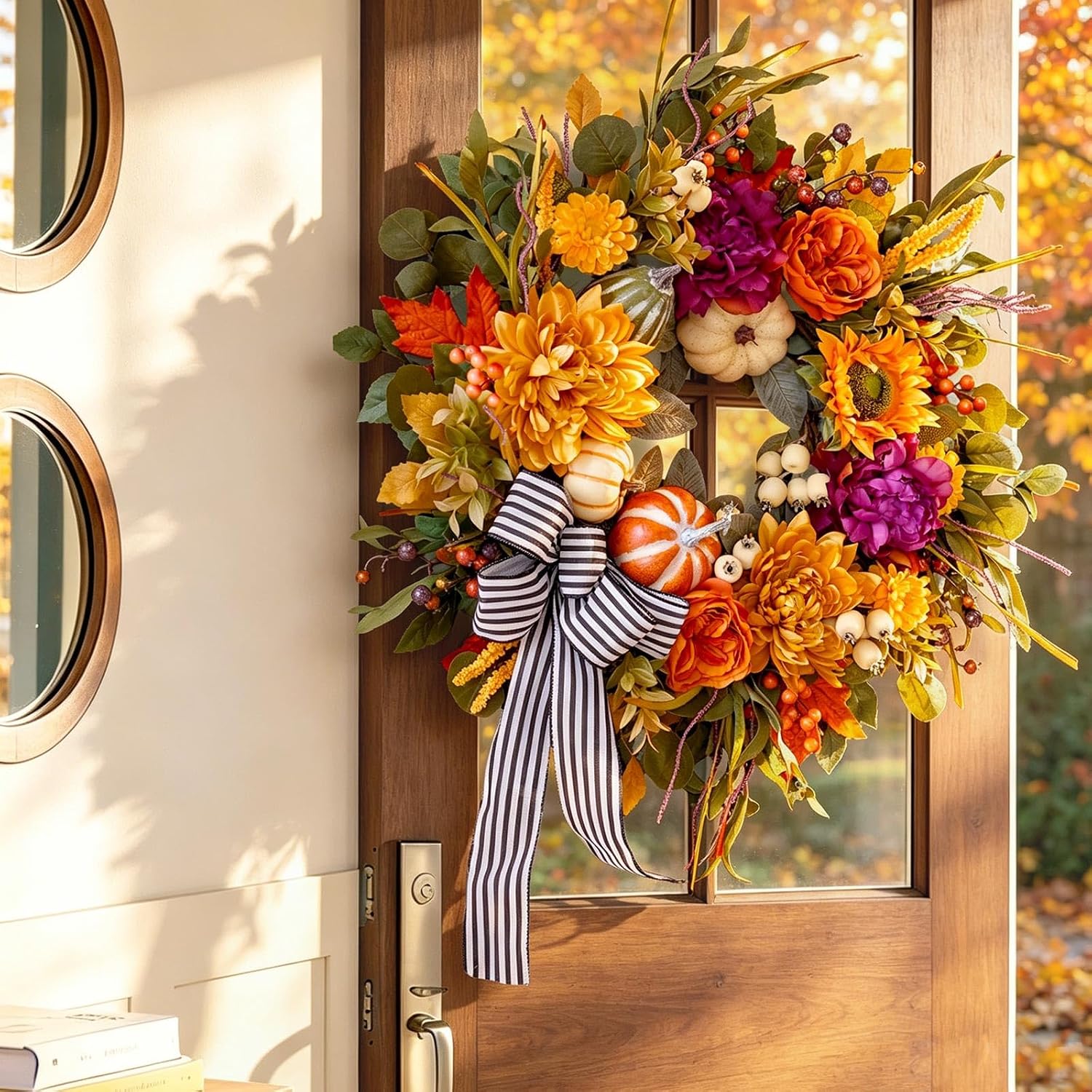 24" Artificial Fall Wreath: Rustic Autumn Door Decor w/ Bow & Pumpkins - Image 2