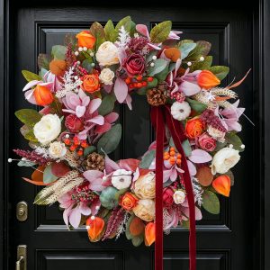 Fall Wreaths for Front Door 24" Autumn Harvest Thanksgiving Wreath | 24in Artificial Fall Wreath with Roses, Pinecones, Wheat, Velvet Bow, Farmhouse Fall Door Wreaths, Indoor Outdoor Fall Wreath