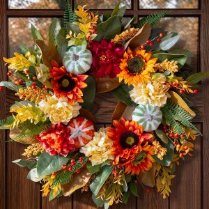 Harvest Fall Wreaths for Front Door Outside 24 Inch Autumn Magnolia Wreath | Artificial Fall Door Wreath with Sunflowers,Pumpkin&Burgundy Peony- Indoor Outdoor Thanksgiving Wreath for Front Porch&Mantel