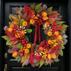 Fall Wreaths for Front Door 24" Harvest Thanksgiving Wreath with Pumpkins | Warm Fall Harvest Wreath with Berries, Pinecones, Ted Velvet Bow, Fall Door Wreath for Porch, Mantel, Farmhouse Thanksgiving