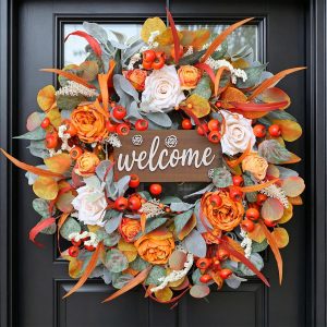 Fall Wreath for Front Door, 24 Inch Autumn Wreath with lamb's Ear Leaves, Roses, Berries & Wooden Sign,Fall Decorations for Home, Artificial Flowers Harvest and Thanksgiving Indoor & Outdoor