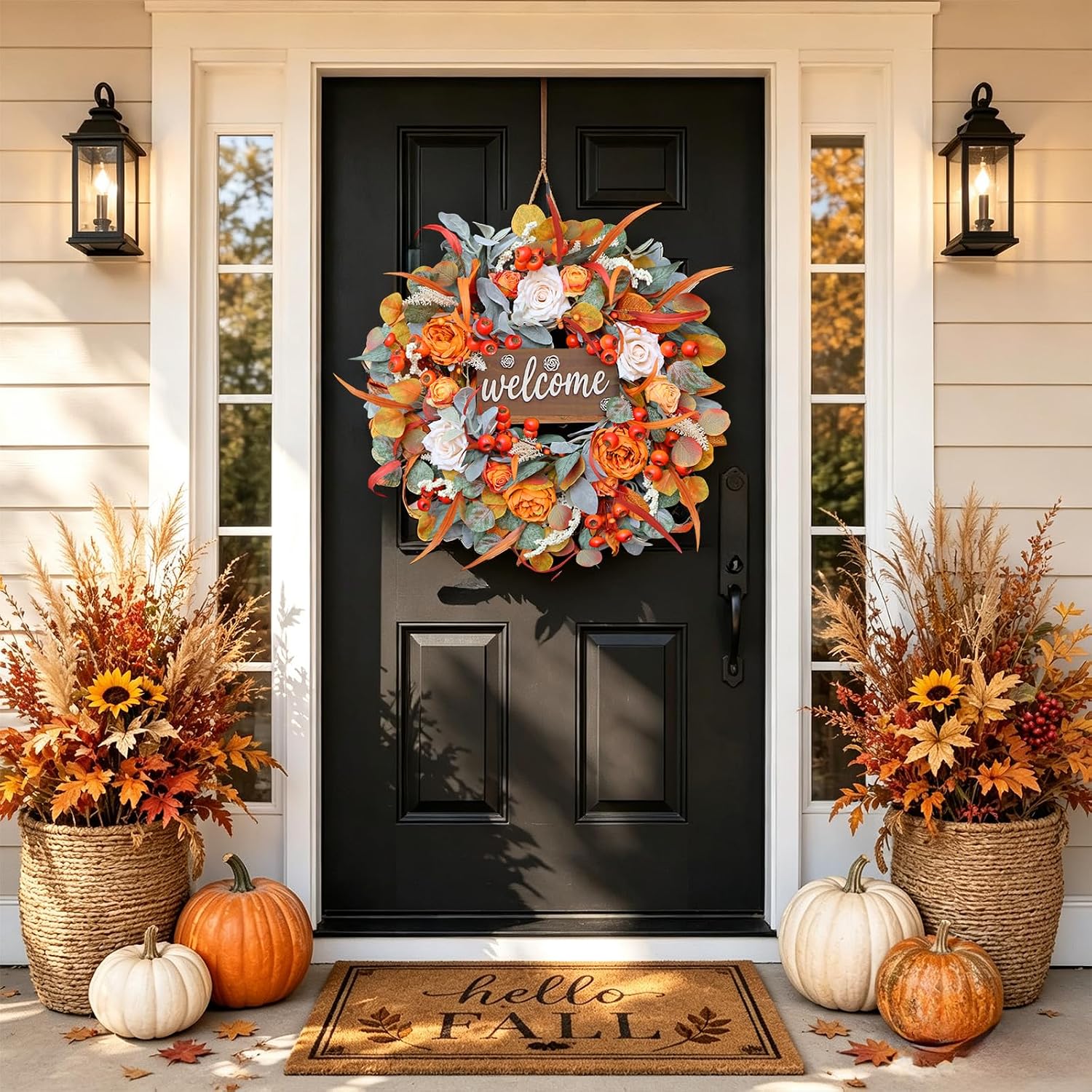 24" Fall Front Door Wreath: Lamb's Ear, Roses, Berries & Wooden Sign. - Image 2