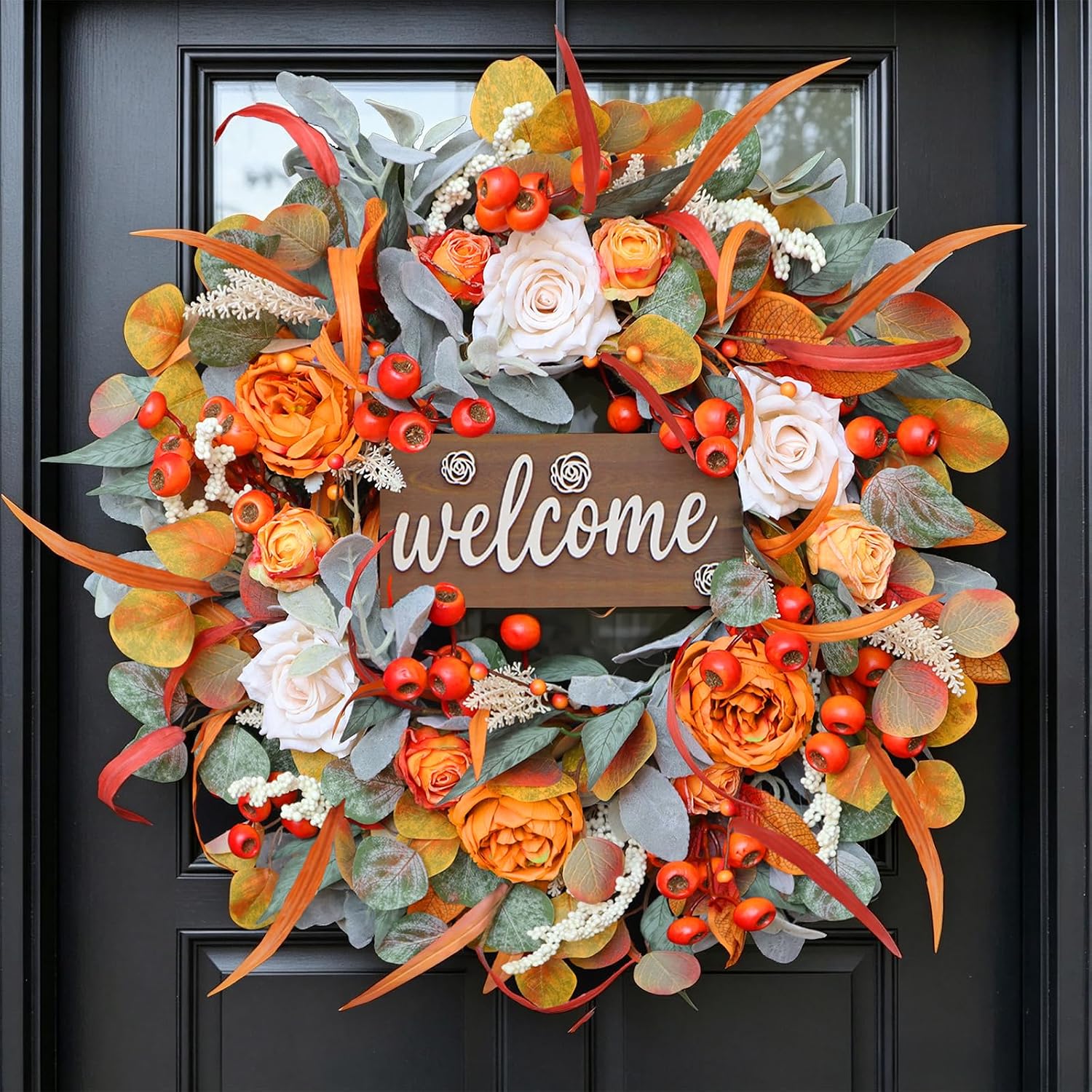Fall Wreath for Front Door, 24 Inch Autumn Wreath with lamb's Ear Leaves, Roses, Berries & Wooden Sign,Fall Decorations for Home, Artificial Flowers Harvest and Thanksgiving Indoor & Outdoor