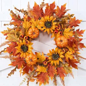 zjlmit Fall Wreaths for Front Door 24 Inch Fall Wreath with Pumpkins Sunflowers Maple Leaves and Orange Red Berries Autumn Wreath for Farmhouse Porch Thanksgiving and Harvest Festival Parties