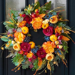 24 Inch Artificial Harvest Fall Wreath for Front Door,Porch & Entryway,Wall | Handmade Autumn Wreath with Burgundy Roses,Orange Pumpkins,Peony,Blue Berries –Indoor Outdoor Thanksgiving & Halloween Decor