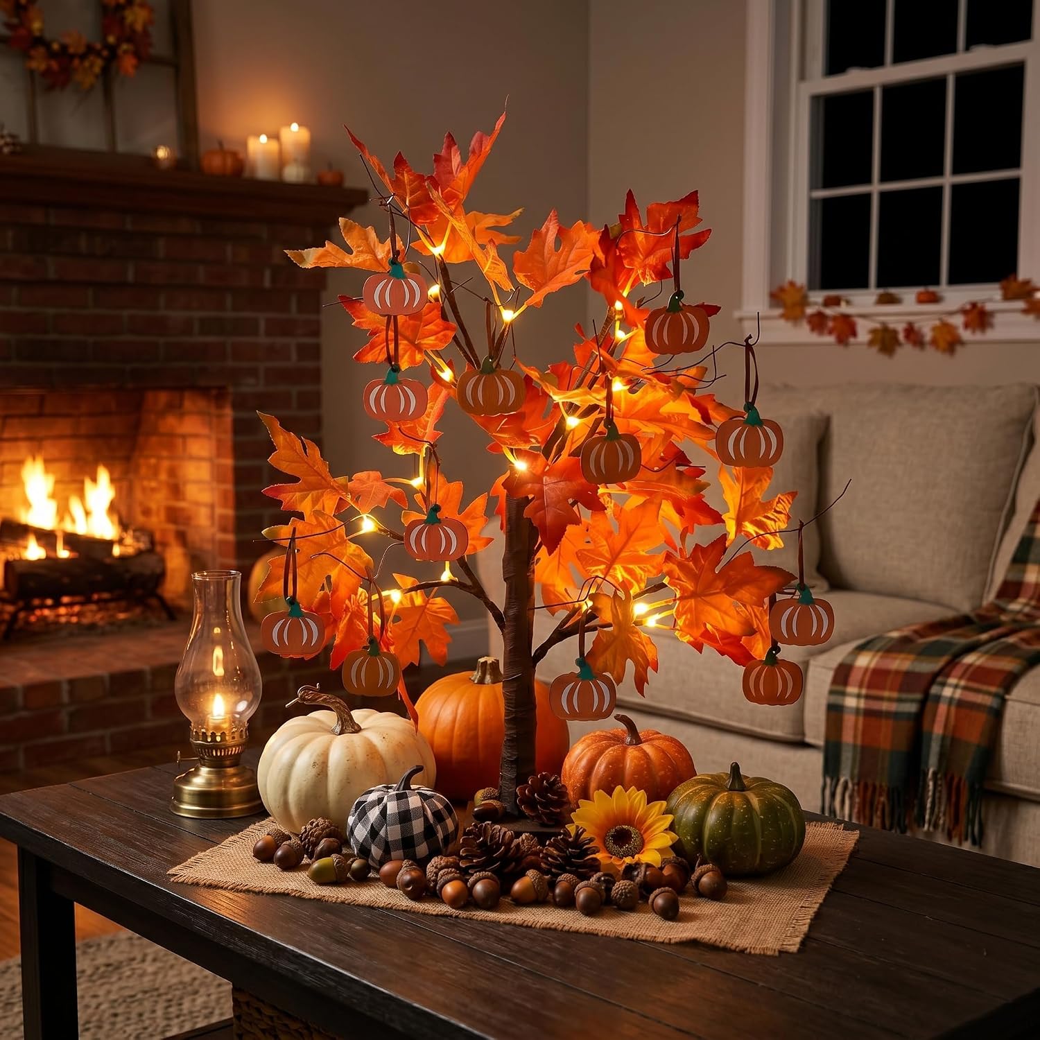 24" Lighted Maple Leaf Tree with Pumpkins for Fall & Thanksgiving Decor - Image 2