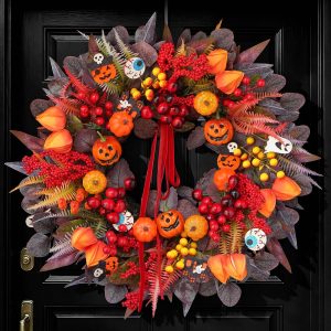 Halloween Wreaths for Front Door 24" Jack O'Lantern Fall Wreath | Halloween Wreath with Jack-o'-lantern, Berries, Pinecones & Red Velvet Bow, Autumn Fall Door Wreath for Porch, Mantel, Party