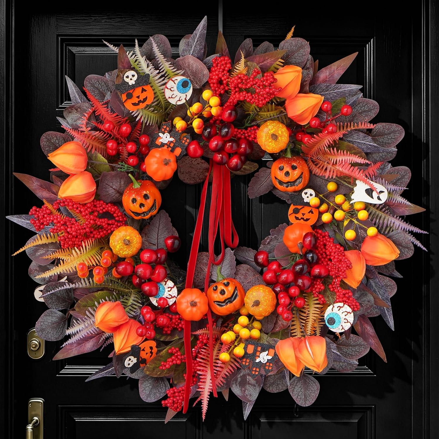 Halloween Wreaths for Front Door 24" Jack O'Lantern Fall Wreath | Halloween Wreath with Jack-o'-lantern, Berries, Pinecones & Red Velvet Bow, Autumn Fall Door Wreath for Porch, Mantel, Party