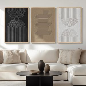 Large Framed Boho Modern Neutral Abstract Wall Art for Living Room, 3 Piece Black and White Canvas Prints Paintings Artwork for Walls, Geometric Pictures for Office Bedroom Dining Room Decor, 24x36 In