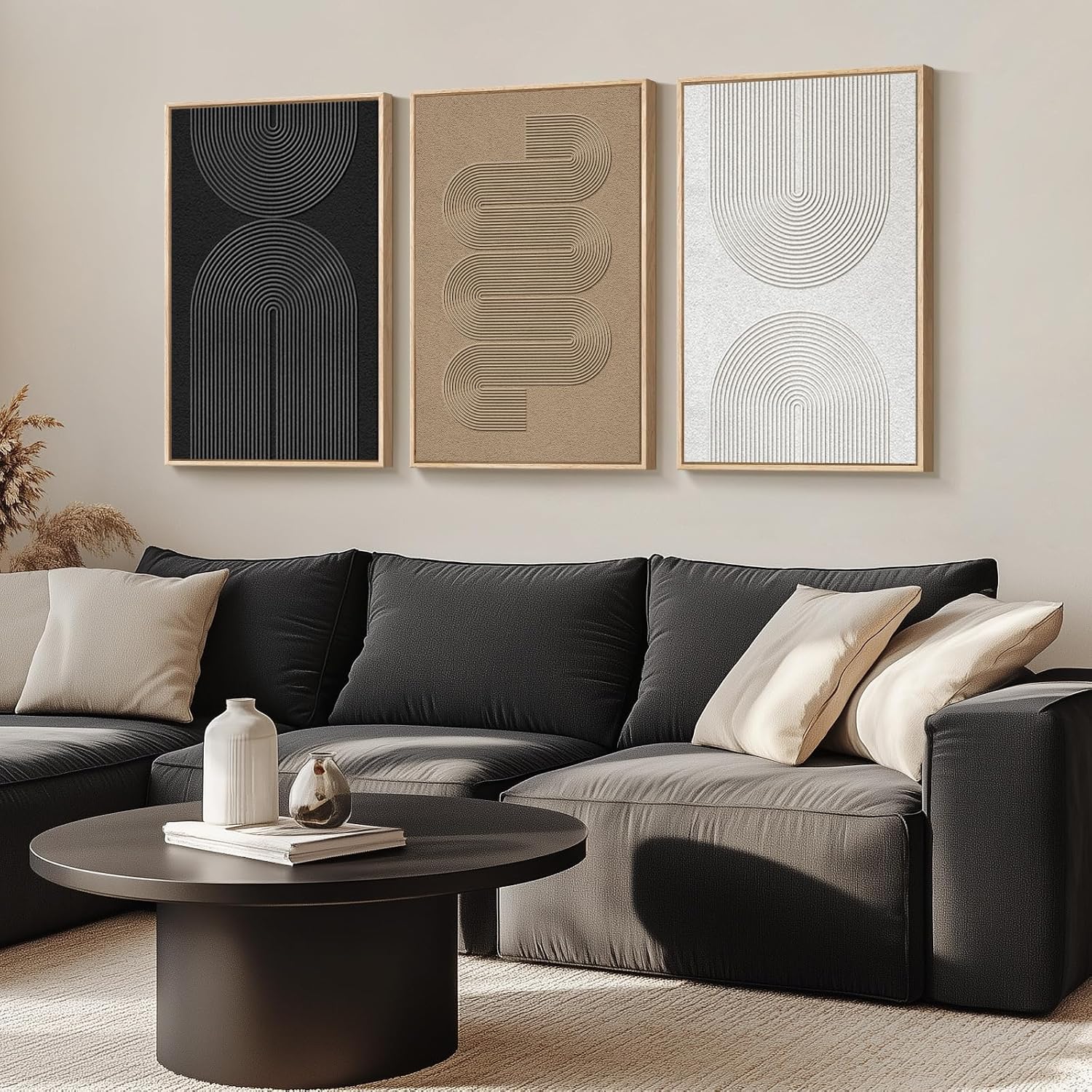 24x36 Large Framed 3-Pc Boho Modern B&W Geometric Abstract Canvas Art - Image 2