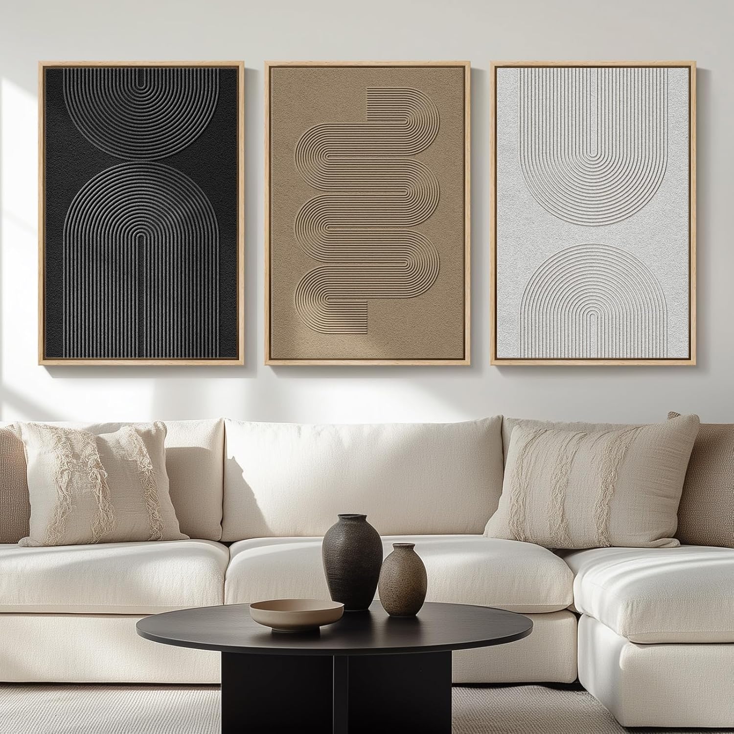 Large Framed Boho Modern Neutral Abstract Wall Art for Living Room, 3 Piece Black and White Canvas Prints Paintings Artwork for Walls, Geometric Pictures for Office Bedroom Dining Room Decor, 24x36 In