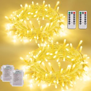 YEGUO Battery Operated String Lights Indoor, 2 Pack Each 33ft 100 LED Twinkle Fairy Lights for Bedroom Classroom Dorm with Remote, 8 Modes Clear Wire Warm White Christmas Lights Outdoor Waterproof
