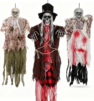 3 Pack Halloween Hanging Skeleton Decorations Outdoor Indoor Porch Tree | Includes 60" gentleman reaper+two 31.5" scary ghosts, posable, perfect for yard & porch Halloween hanging decor