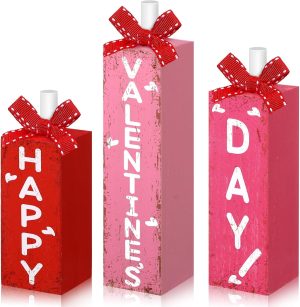 Redbaker 3 Pcs Valentine's Day Decorations for Home Wooden Block Sign Happy Valentines Day Table Decor Rustic Farmhouse Red Pink Centerpieces for Tiered Tray Wedding Mother Party Shelf Mantel Favor