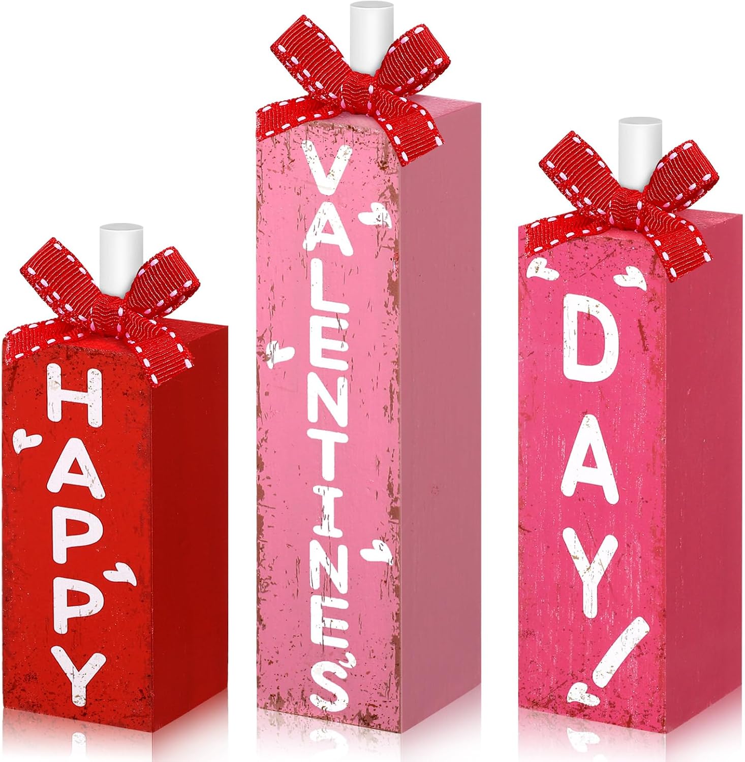 Redbaker 3 Pcs Valentine's Day Decorations for Home Wooden Block Sign Happy Valentines Day Table Decor Rustic Farmhouse Red Pink Centerpieces for Tiered Tray Wedding Mother Party Shelf Mantel Favor