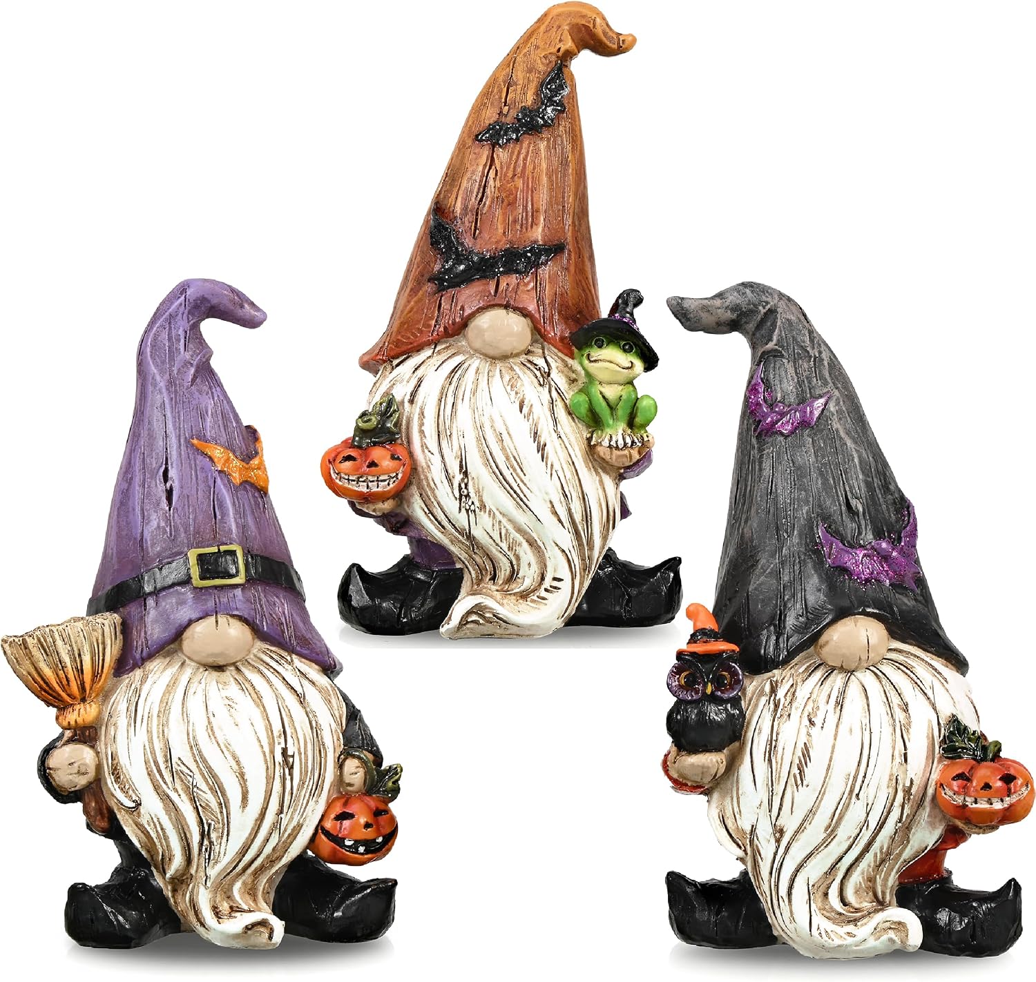 Valery Madelyn Gnomes Halloween Decorations Indoor, 3 Pcs Resin Gnome Decor for Home with Bat Witch Hat, Halloween Figurines Elf Dwarf with Broom Jack O Lantern for Table Tiered Tray Outdoor, 3.6"