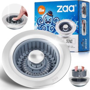 3 in 1 Kitchen Sink Drain Strainer Stopper Removable Basket Pop-Up | Kitchen Sink Accessories 1 Pack Silver Stainless - Food Catcher, Odor-Blocking Seal, Fits 3.5" Drain, Easy Clean