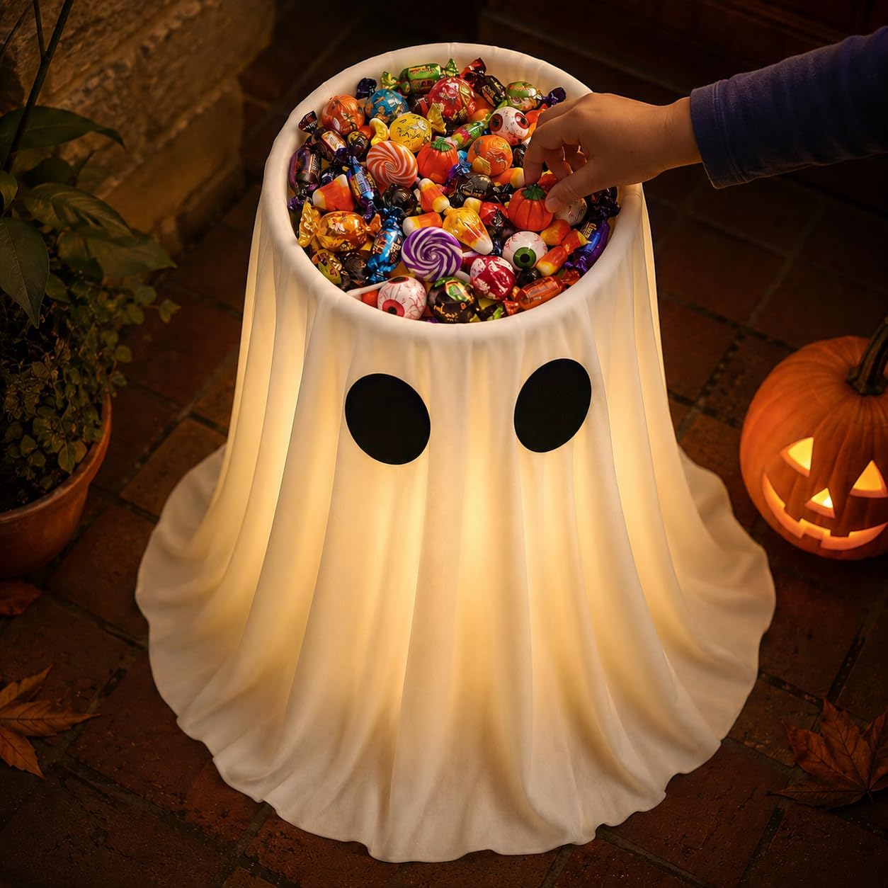 30 in Large-Capacity Lighted Halloween Ghost Candy Bowl with Timer Remote | Halloween Candy Bowl for Trick-or-Treat, Thick Draping Ghost Sheet, Halloween Decorations for Outdoor Porch Yard Front-Door