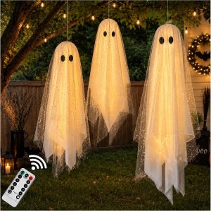 AYGXU Halloween Decorations outdoor/indoor-3pcs Hanging Ghost Decor with Light,Halloween Ornaments,Hallowee n Decor for Porch,Tree,Yard,Window,Garden