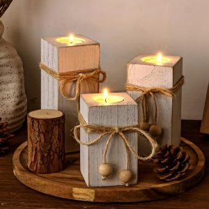 White Farmhouse Candle Holder with Flameless LED Candles Farmhouse Decor 3p | Wooden Candle Holders, White Rustic Farmhouse Decor With Battery Operated for for Valentines Holiday Party Home Decor