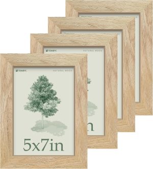 5x7 Picture Frame 4 Pack, Natural Wood Photo Frame, HD Tempered Glass, Table Display or Wall Hanging